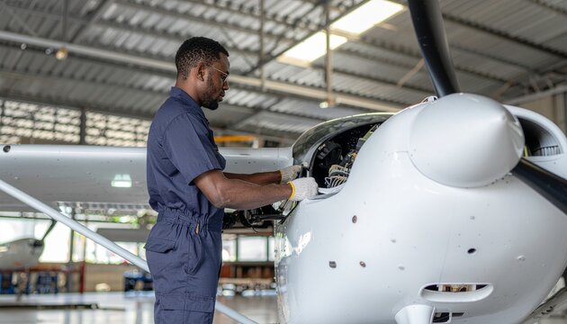 Aviation Mechanic at Work: A skilled mechanic meticulously inspects an aircraft, ensuring it is in perfect condition for flight.