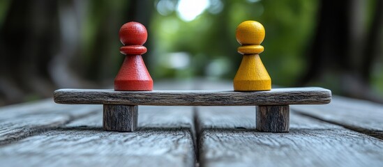 Wooden Figurines on a Rustic Bench, Outdoor Scene