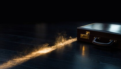 Mysterious black leather briefcase shining a golden beam of light from inside.