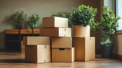 Cardboard boxes stacked, home relocation, plants, interior view, for moving services