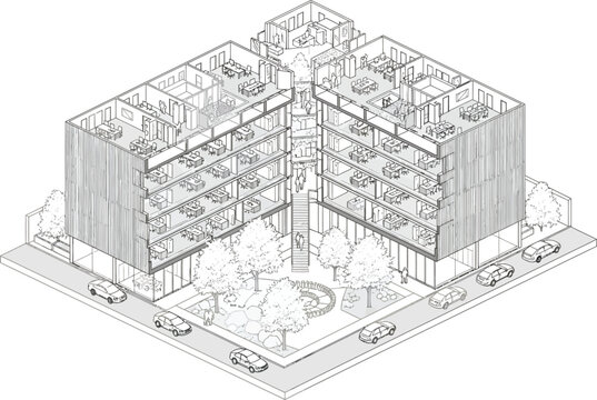 Isometric architectural drawing of a detailed urban plaza with trees benches and pathways in a stylized black and white illustration