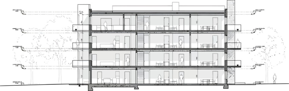 Architectural blueprint showing a detailed floor plan of a modern multi story building with clear structural lines and interior divisions