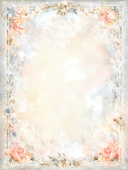 A white frame with a floral design and pink roses