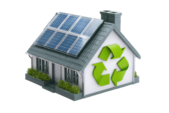 3D model of a house with solar panels and a recycle symbol, suggesting eco-friendly housing
