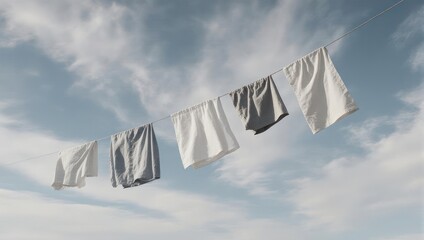 Clothing hanging on a clothesline against a cloudy sky, capturing a simple, serene moment