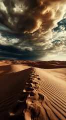 A powerful sandstorm sweeping across a desert landscape, obscuring visibility.