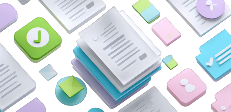 Abstract graphic of document stacks and icons