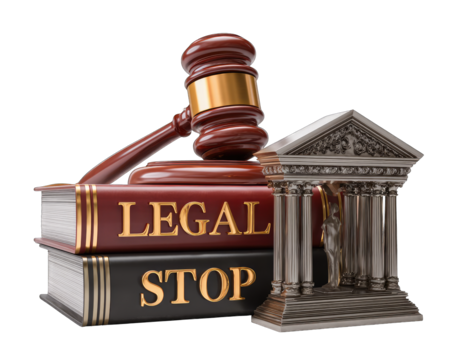 Legal gavel, books, and courthouse symbol