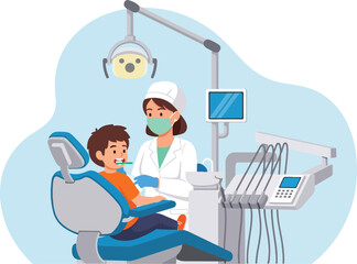 Dentist examining a young patients teeth in a dental clinic setting.