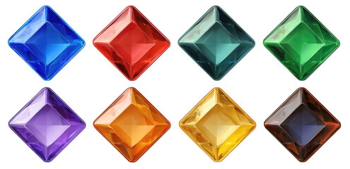 Nine colorful, square-cut gemstones arranged in a diamond pattern against a black background
