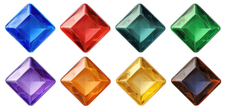 Nine colorful, square-cut gemstones arranged in a diamond pattern against a black background