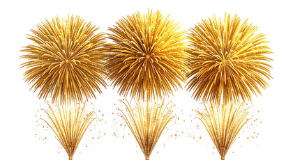 Three bright golden explosions against a black background. Fireworks burst with radial patterns, resembling radiant suns or large chrysanthemums