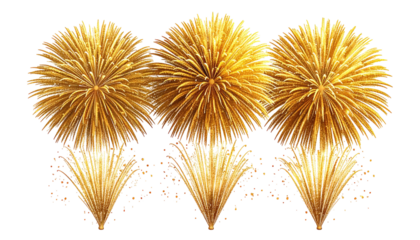 Three bright golden explosions against a black background. Fireworks burst with radial patterns, resembling radiant suns or large chrysanthemums
