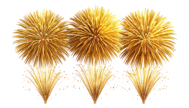 Three bright golden explosions against a black background. Fireworks burst with radial patterns, resembling radiant suns or large chrysanthemums