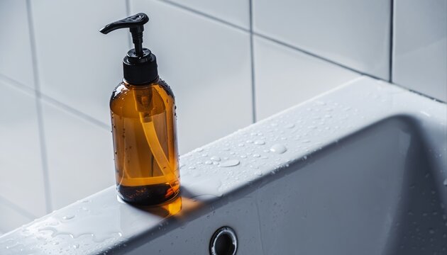 Amber pump bottle mockup on white sink with glistening water droplets.