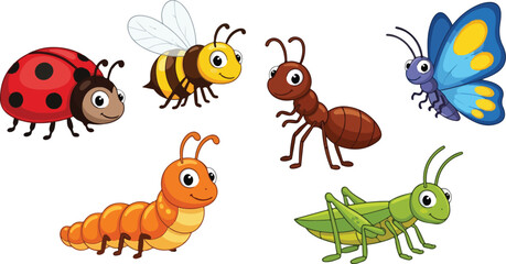 Various colorful insects including a ladybug bee ant butterfly caterpillar and grasshopper.