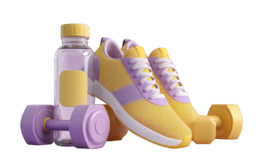 Yellow sneakers, purple dumbbells, and water bottle
