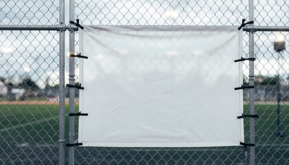 Large blank white mesh banner mockup stretched on chain-link fence.