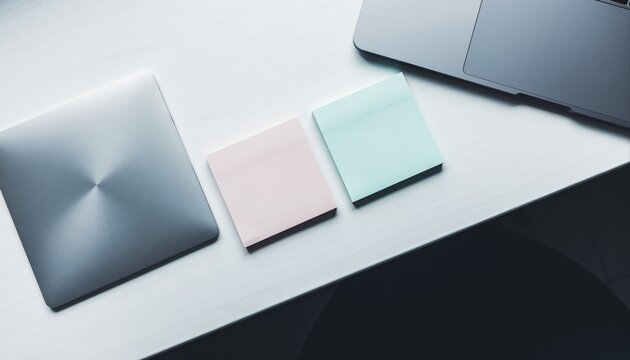 Minimalist desk flat lay with trackpad and blank pastel sticky notes. - Powered by Adobe
