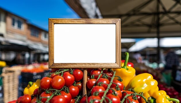 Miniature blank chalkboard price tag mockup in fresh vegetables. - Powered by Adobe