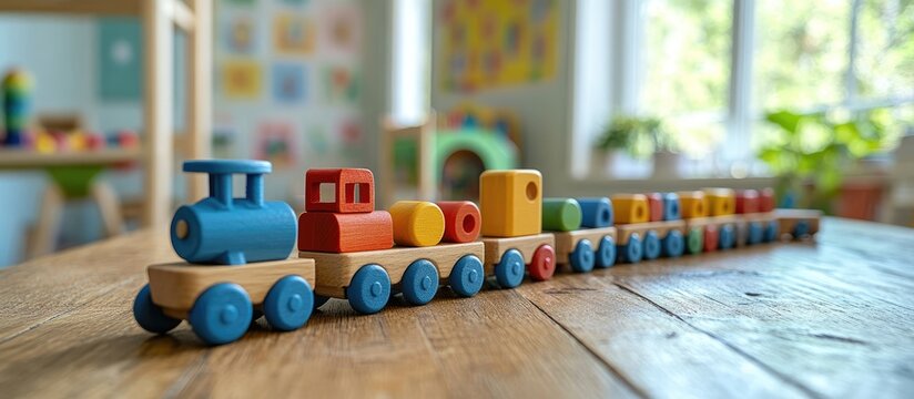 Colorful wooden toy train on a table in a playroom.