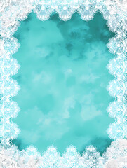 A blue background with a white lace border