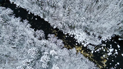 Fototapete Rund Wald Fluss Bird's-eye view of a river flowing through a snow-covered forest  © Martin
