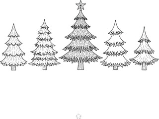 Hand-Drawn Sketchy Christmas Pine Trees Vector Set with Central Highlighted Holiday Tree and Star, Ideal for Winter Holidays, Festive Designs, Decoration, and Engraving Style Illustrations.
