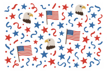 United states patriotic celebration background featuring flags, bald eagles, stars, and confetti, on transparency