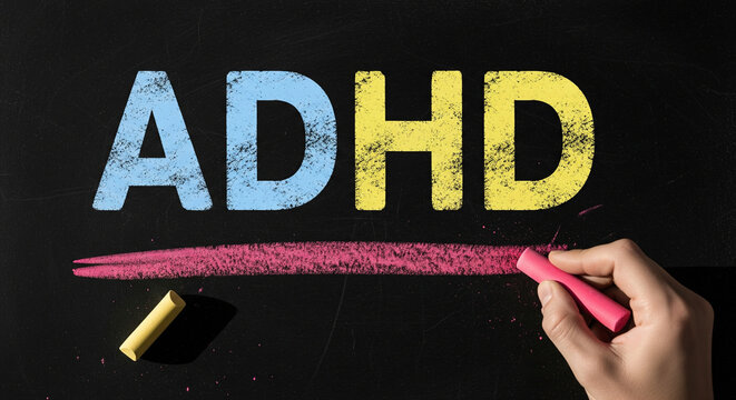 Hand underlining the word ADHD with pink chalk on a dark blackboard background. - Powered by Adobe
