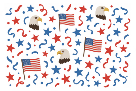 United states patriotic celebration background featuring flags, bald eagles, stars, and confetti, on transparency - Powered by Adobe