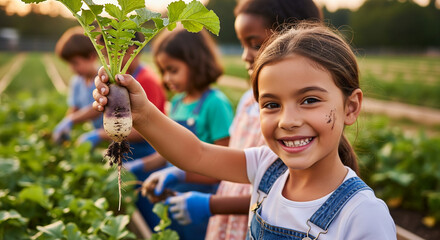 Smiling Girl Holds Freshly Harvested Radish in Organic Farm Garden with Diverse Children