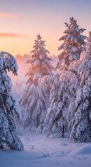 Snow-covered pine trees in a winter forest at sunrise with soft light.