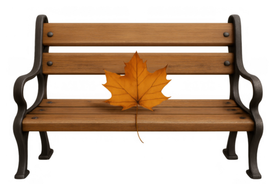 Wooden park bench with a single dry autumn maple leaf resting on its seat, symbolizing a beautiful fall season