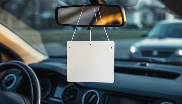 Blank Hanging Air Freshener Mockup on Car Rearview Mirror