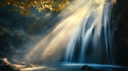 Sunlight through the mist of a waterfall, creating visible rays and light shafts, ethereal photography