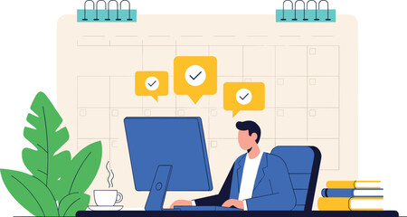 Focused Businessman Managing Tasks and Schedule on Computer Vector Illustration, Highlighting Productivity, Time Management, Task Completion, and Efficient Office Workflow.