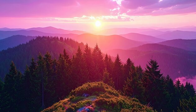 A breathtaking mountain landscape bathed in the warm, colorful glow of a sunset, with layers of peaks fading into the distance and evergreen trees dotting the f