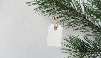 Minimalist Blank Gift Tag Mockup Hanging on Pine Branch