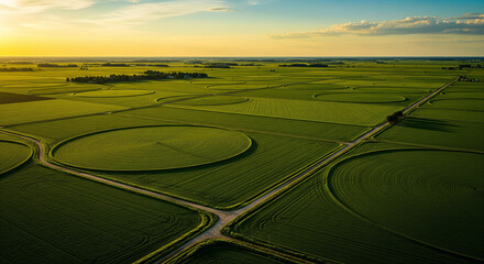 Aerial view of vibrant green agricultural fields with circular irrigation patterns at sunset.