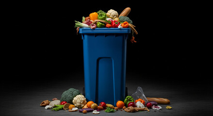 Overflowing blue bin of fresh produce and bread, symbolizing extensive food waste.