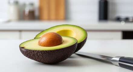 A perfectly ripe avocado, sliced in half, reveals its vibrant green flesh and a single, smooth pit, set against a modern kitchen backdrop. A knife lies nearby, hinting at culinary possibilities. 