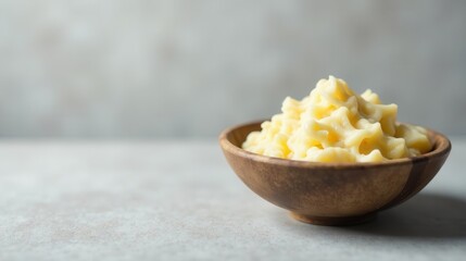 Creamy, fluffy mashed potatoes in a rustic wooden bowl on a neutral background