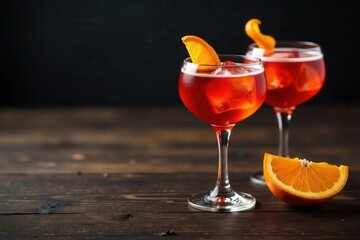 Refreshing citrus cocktails garnished with ice cubes and orange slices on dark wooden surface