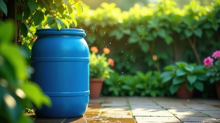 A vibrant blue rain barrel sits beside lush greenery, collecting rainwater in a tranquil garden setting, ready for watering plants.