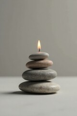 Atop a stack of balanced stones, a single flickering candle flame offers a moment of serene contemplation and inner peace