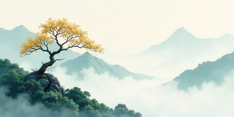 Serene Mountain Vista Solitary Golden Tree on Rocky Outcrop Above Misty Peaks