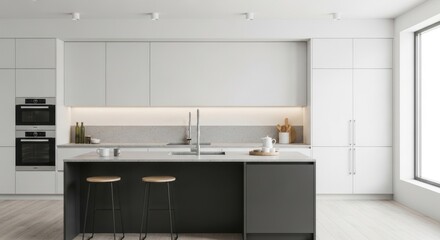 Modern minimalist kitchen with sleek white and dark accents and ample natural light