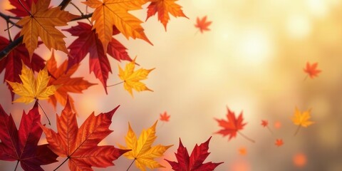 Autumnal foliage display with vibrant red and gold leaves gently falling against a soft, sunlit backdrop