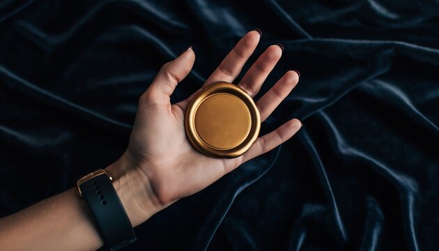 Hand Holding Blank Gold Faux Sealing Wax Sticker Mockup, Luxury